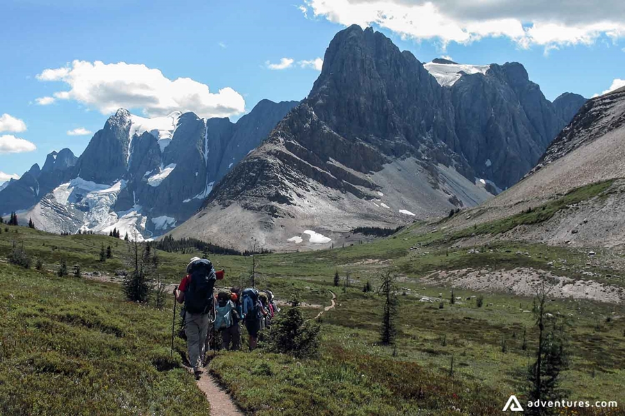 Hikers on a Backpacking road  in the Canadian Rockies