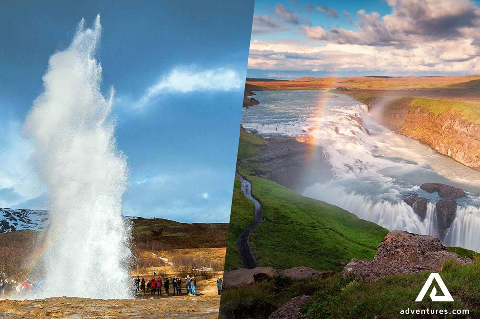 gullfoss waterfall and geysir in iceland at summer