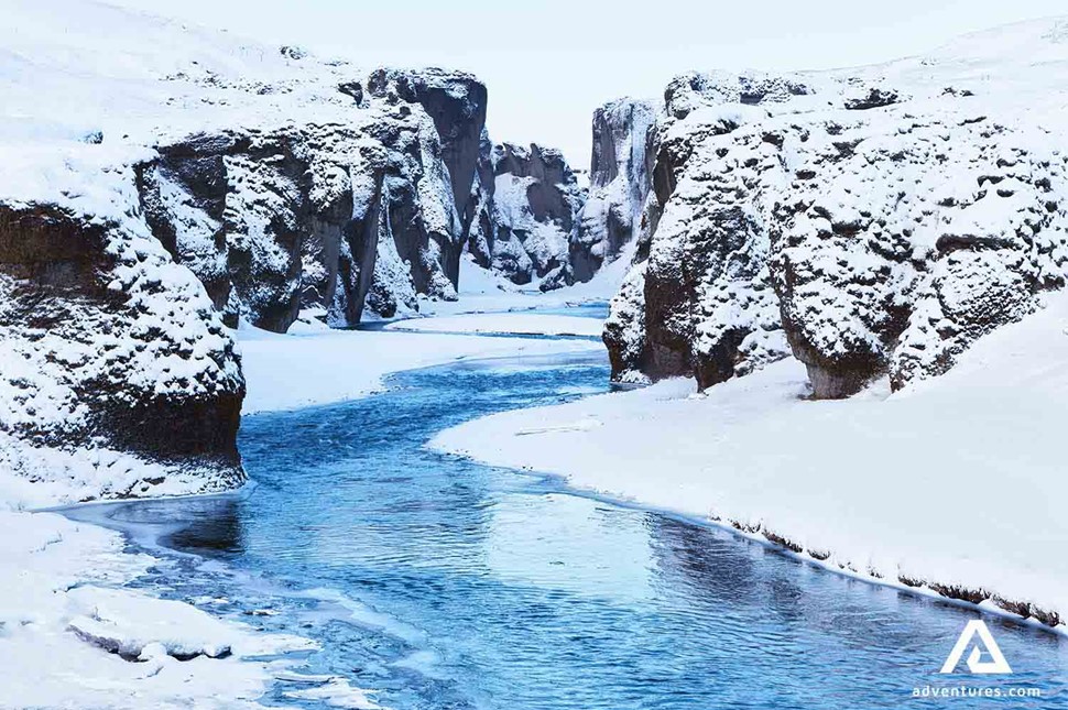 snowy canyon in winter in iceland