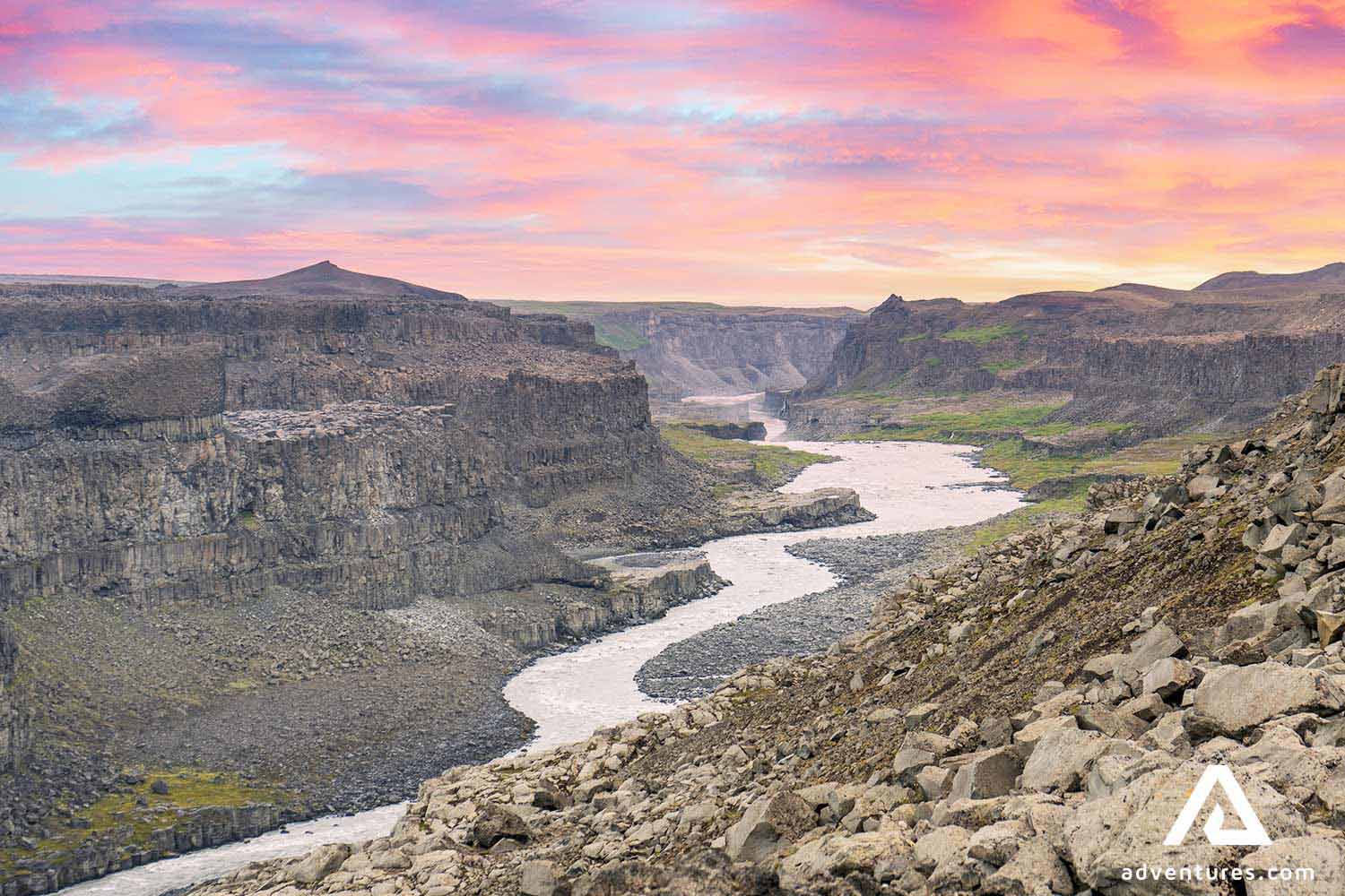 purple sunset near jokulsa river canyon in iceland