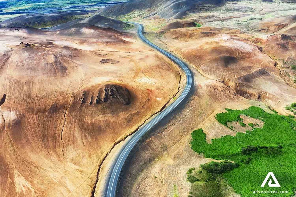 ring road aerial view near namafjall area and myvatn