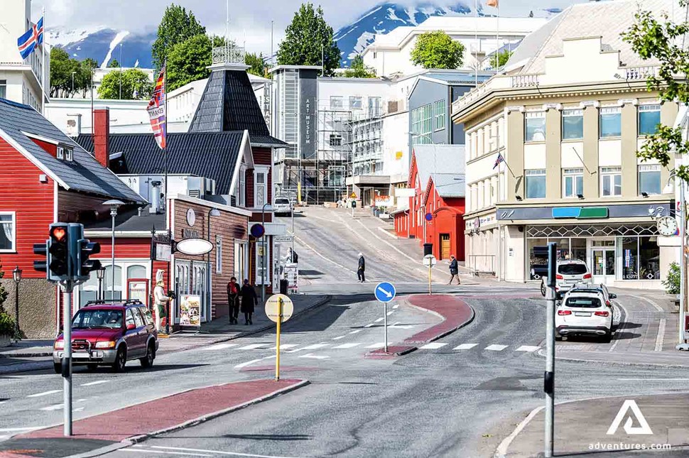 a street view of akureyri town