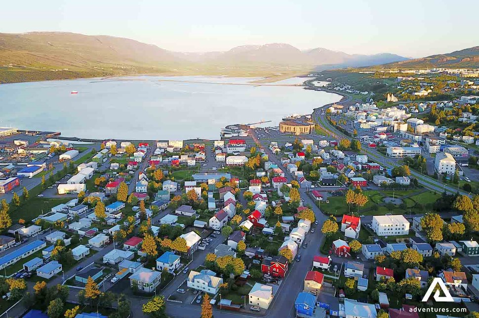 aerial view of houses in akureyri in iceland