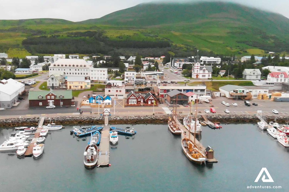 drone view of husavik town in iceland