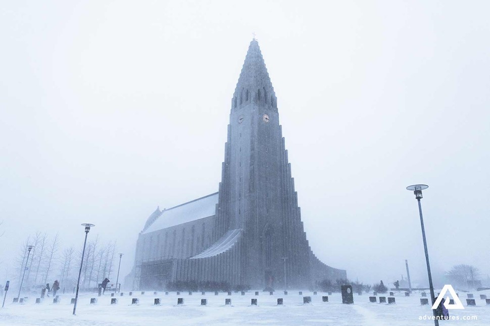 snow storm near hallgrimskirkja church in iceland