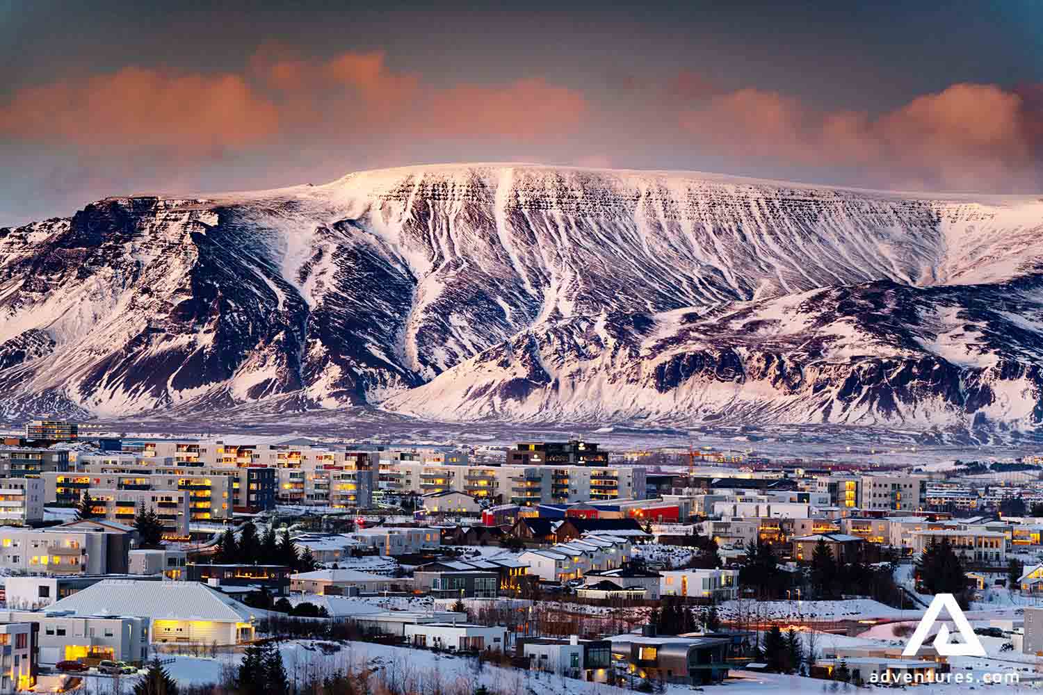 mount esja view from reykjavik in winter