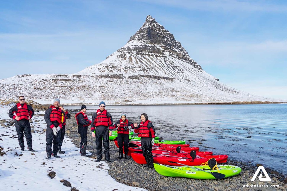 group on a kayaking tour near Kirkjufell