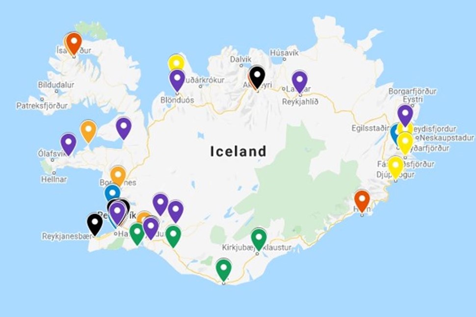 a map with marked grocery shops in iceland