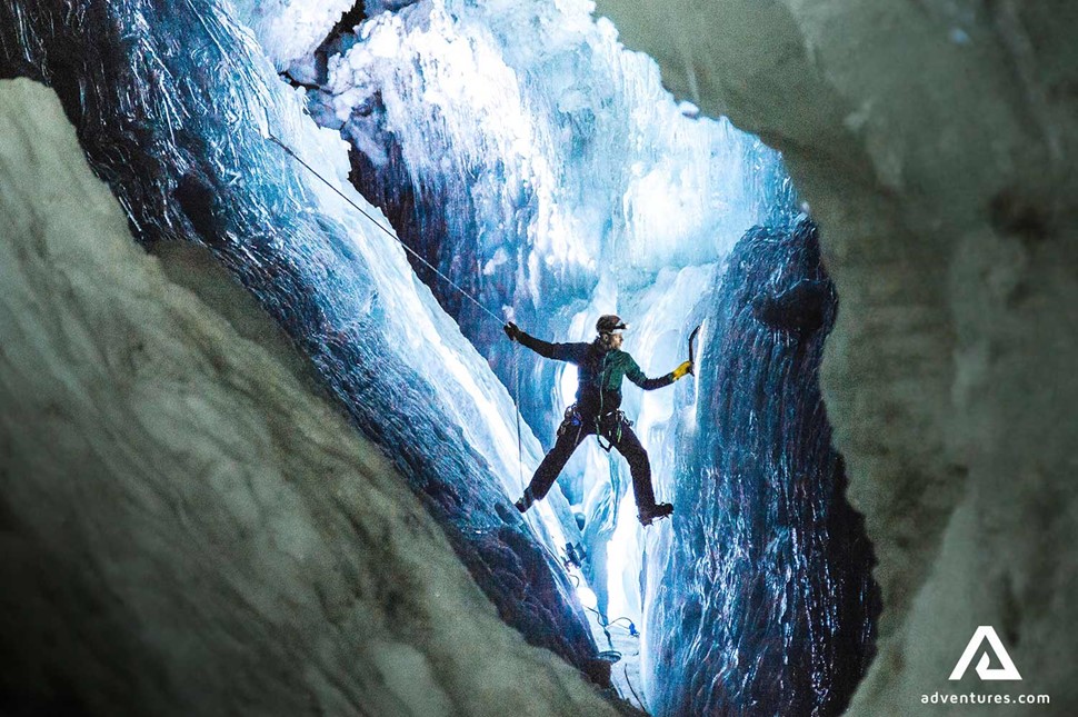 ice climbing inside an ice cave on langjokull