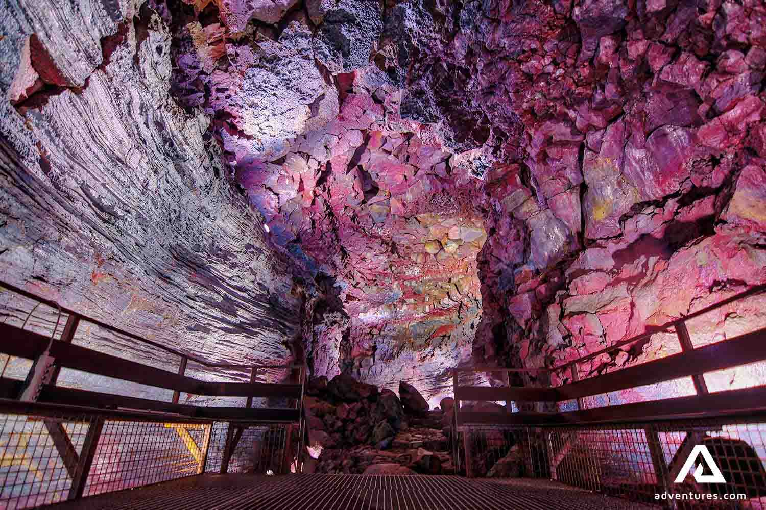 steel path in raufarholshellir lava tunnel in iceland