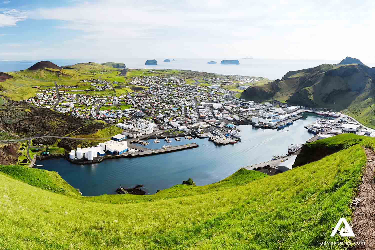 sunny panoramic view of haeimaey island in iceland