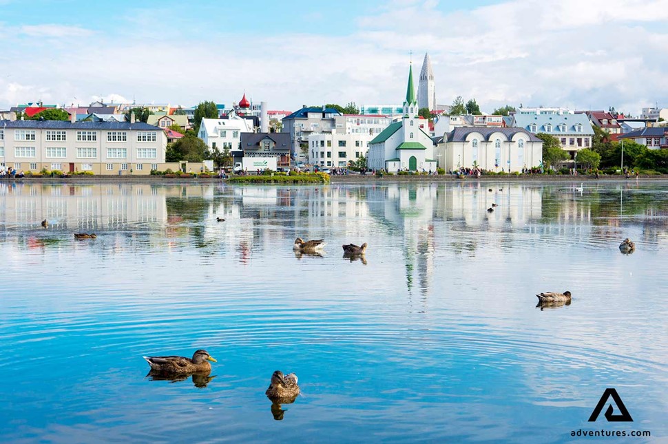 view of lake tjornin in reykjavik city on a sunny day
