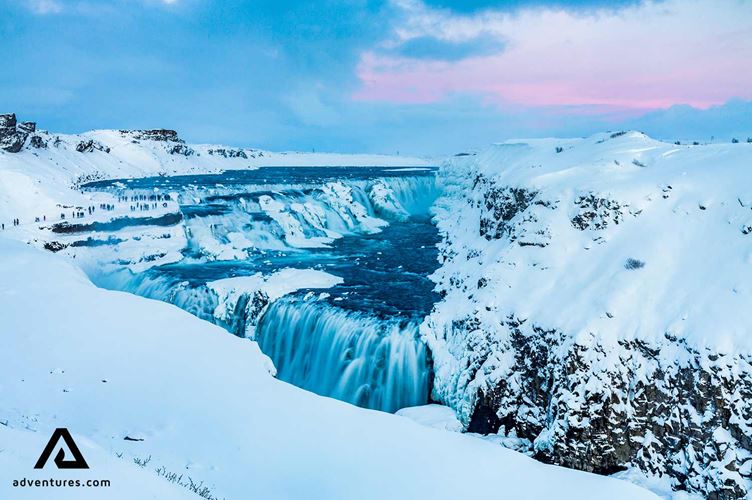 gullfoss waterfall in winter gullfoss waterfall in winter at sunset