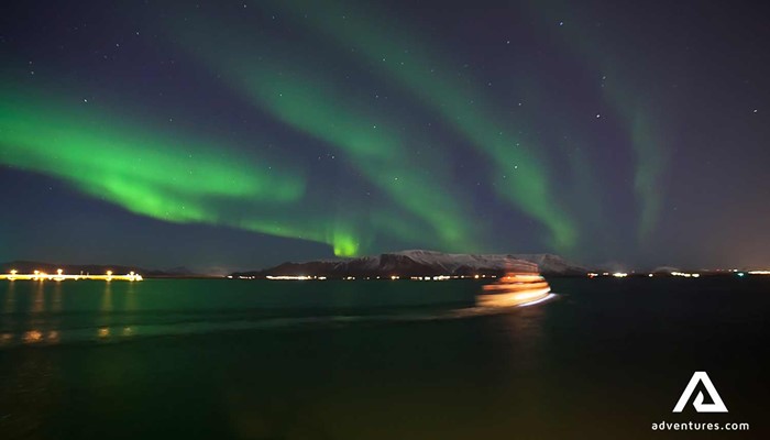 northern lights watching boat near reykjavik in iceland