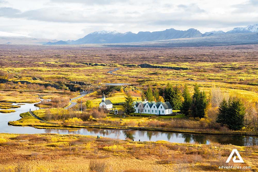 autumn view of the houses in thingvellir
