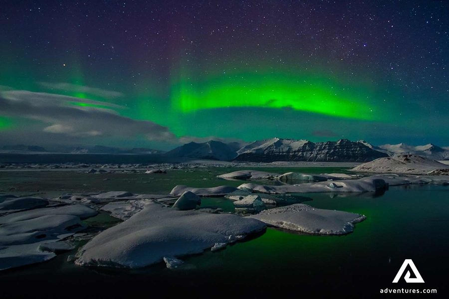 northern lights above glacier lagoon