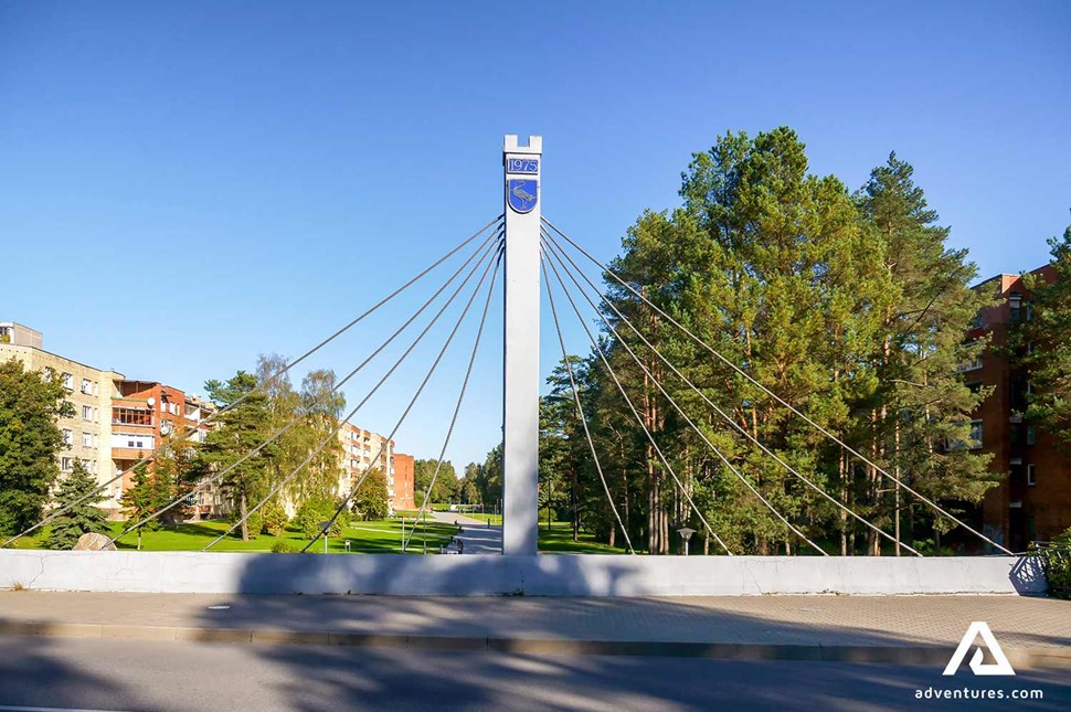 a monument with visaginas city emblem in lithuania
