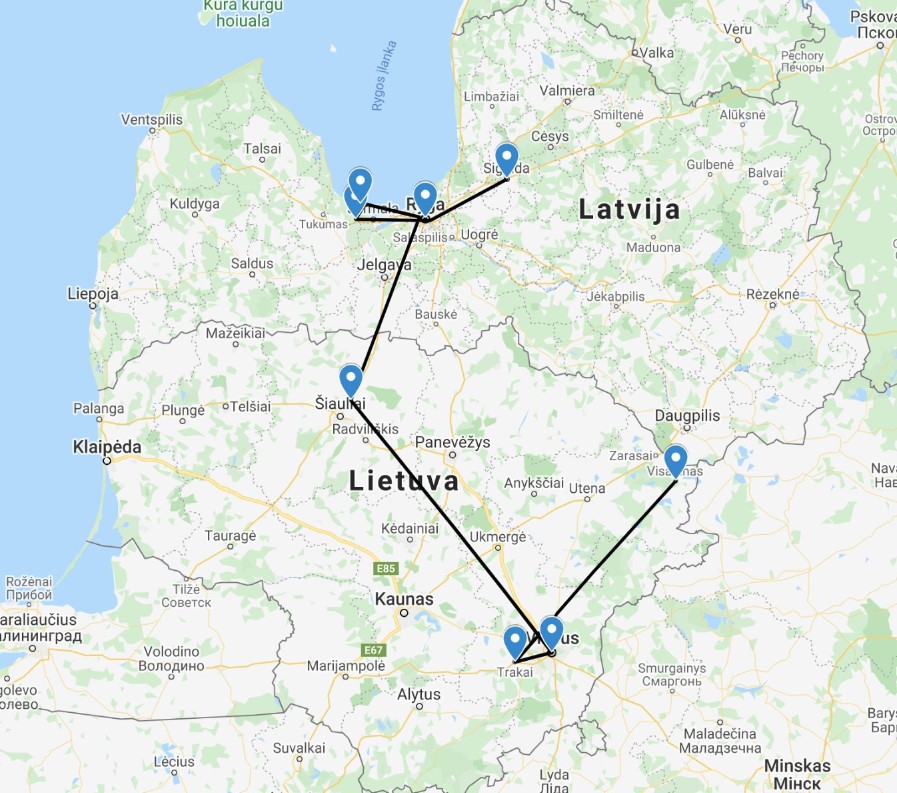 walking map for the 7 day tour in latvia and lithuania