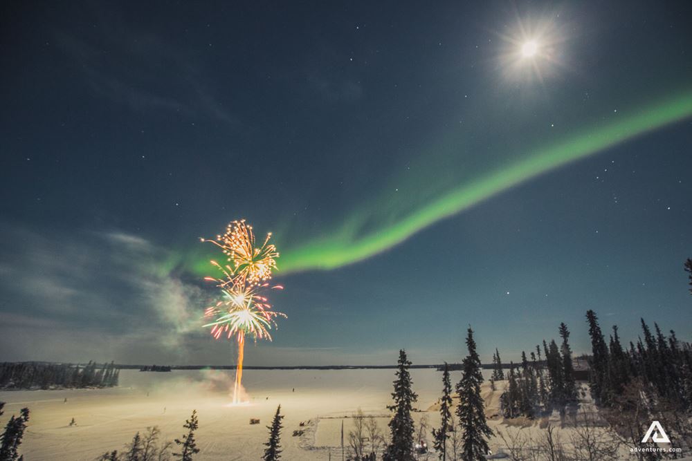 Fireworks under Northern Lights