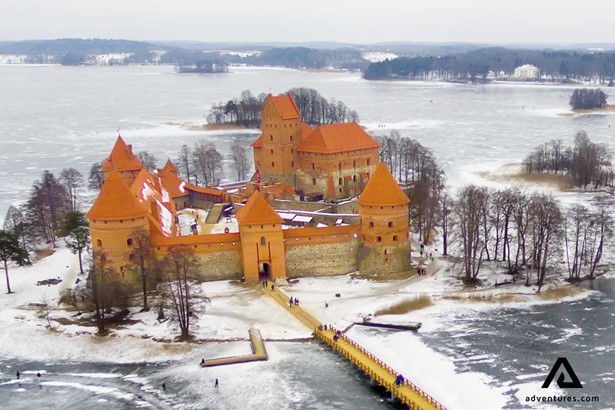 trakai castle aerial view in winter in lithuania