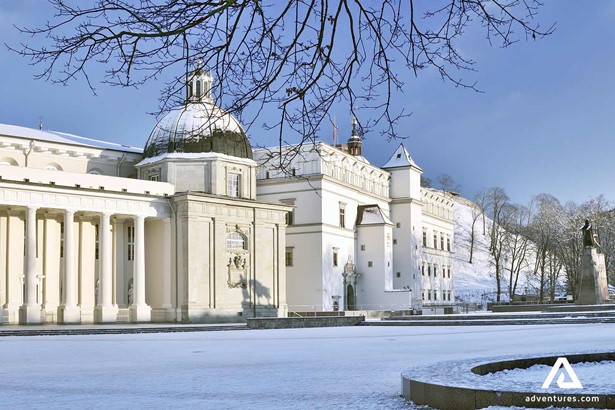 vilnius cathedral square view in winter in lithuania