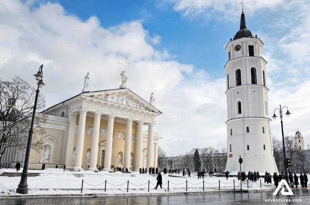 snowy vilnius cathedral square