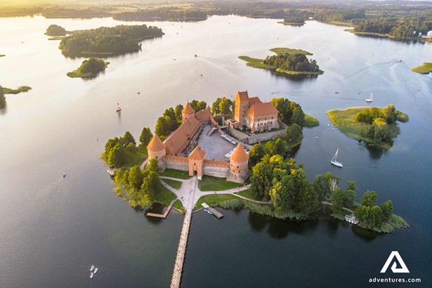 high above trakai castle and galve lake in lithuania