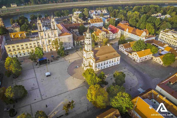 drone view of kaunas main square in the old town