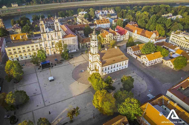 drone view of kaunas main square in the old town