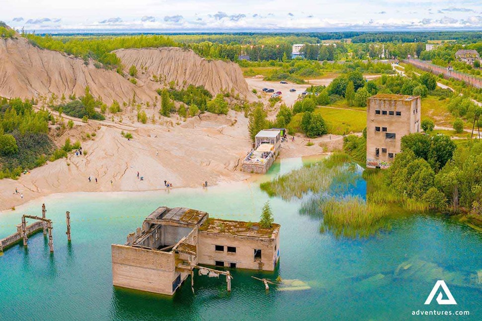 aerial view of rummu quarry in a lake in estonia