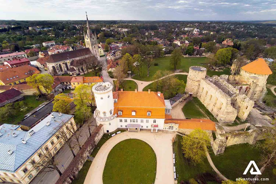 cesis town castle aerial view in latvia