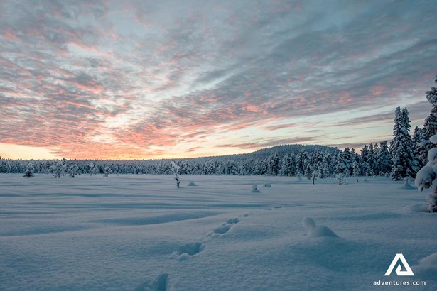 sunset near a frozen winter lake in sweden