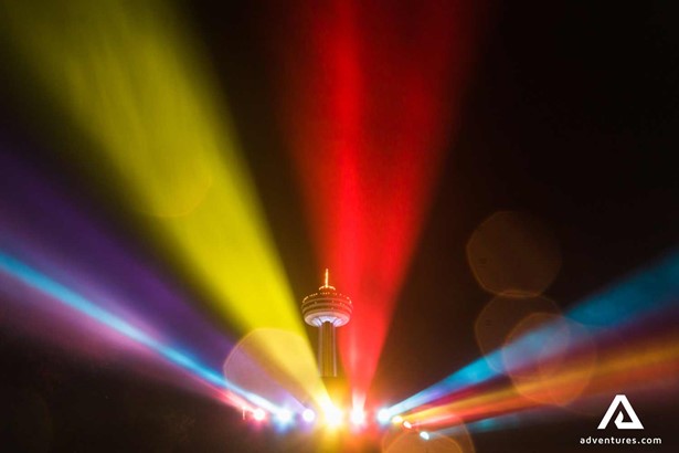 colorful light show at skylon tower in canada