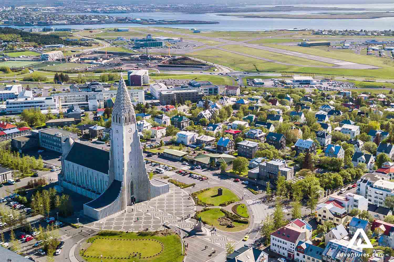 aerial drone view above hallgrimskirkja church