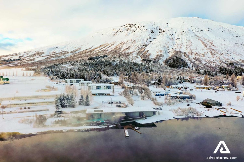 laugarvatn fontana aerial view in winter