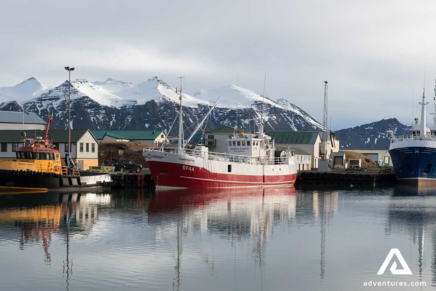 fishing boats in hofn town harbor in iceland