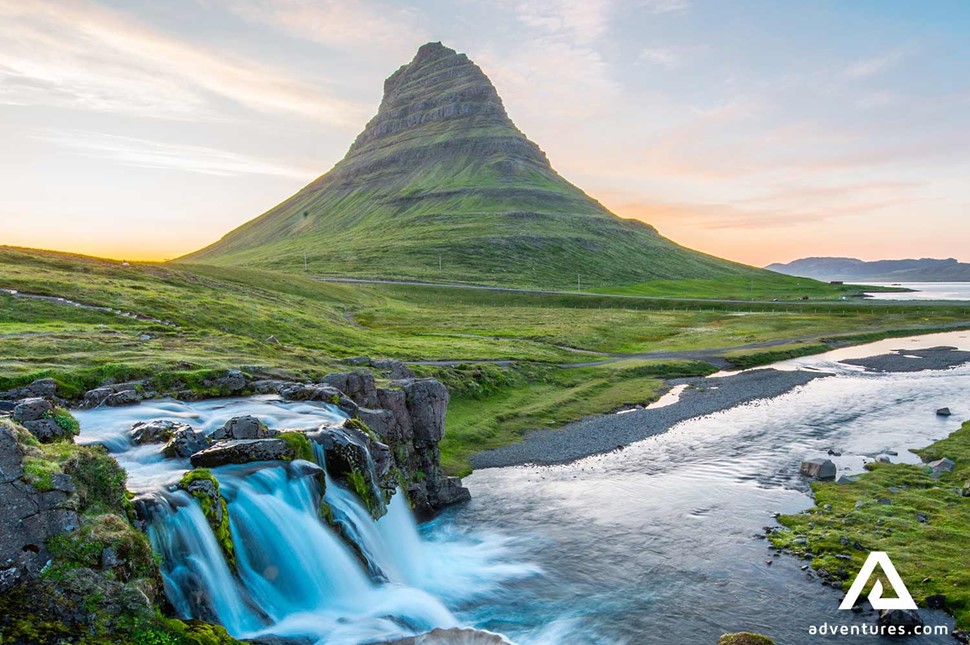 kirkjufell mountain view at sunset in summer