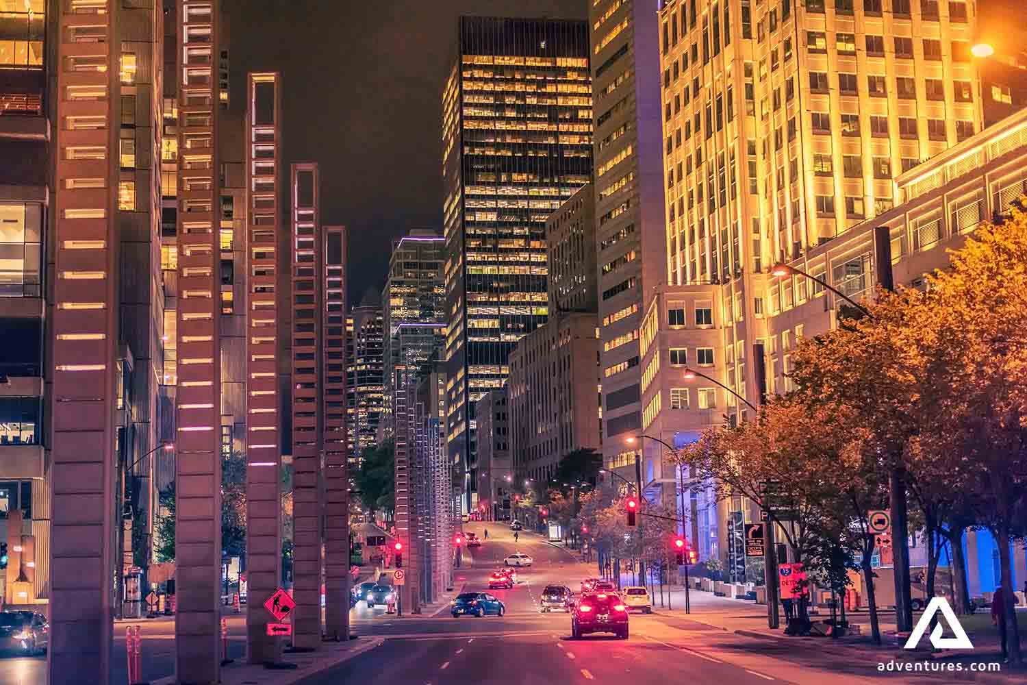 colorful night lights in the streets of montreal
