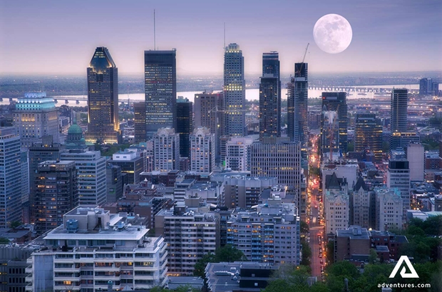 aerial night view of montreal city center
