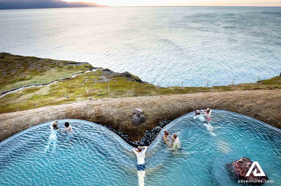 Aerial view of bathers enjoying the GeoSea Bath