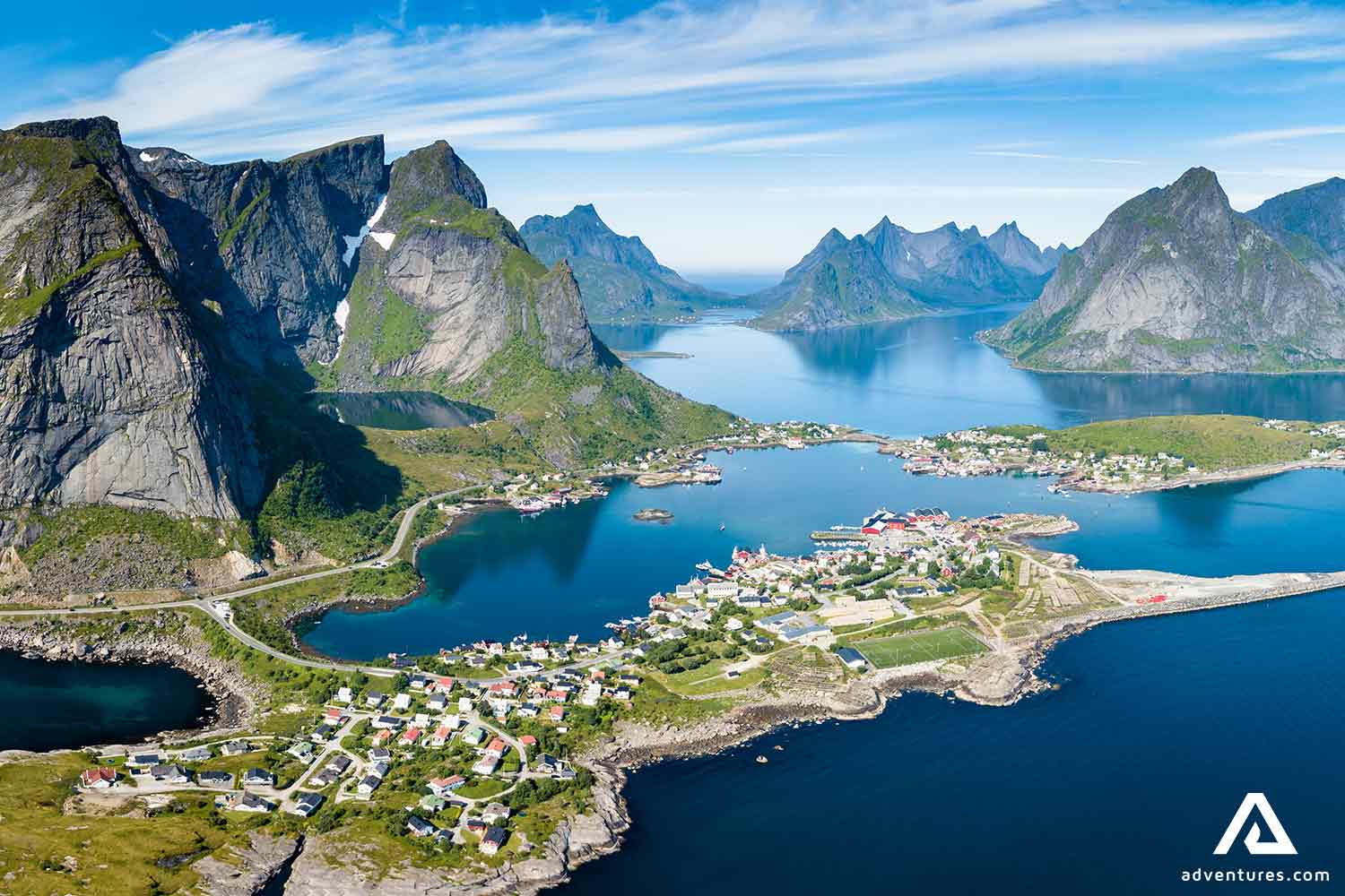 aerial drone view of reinebringen town in norway