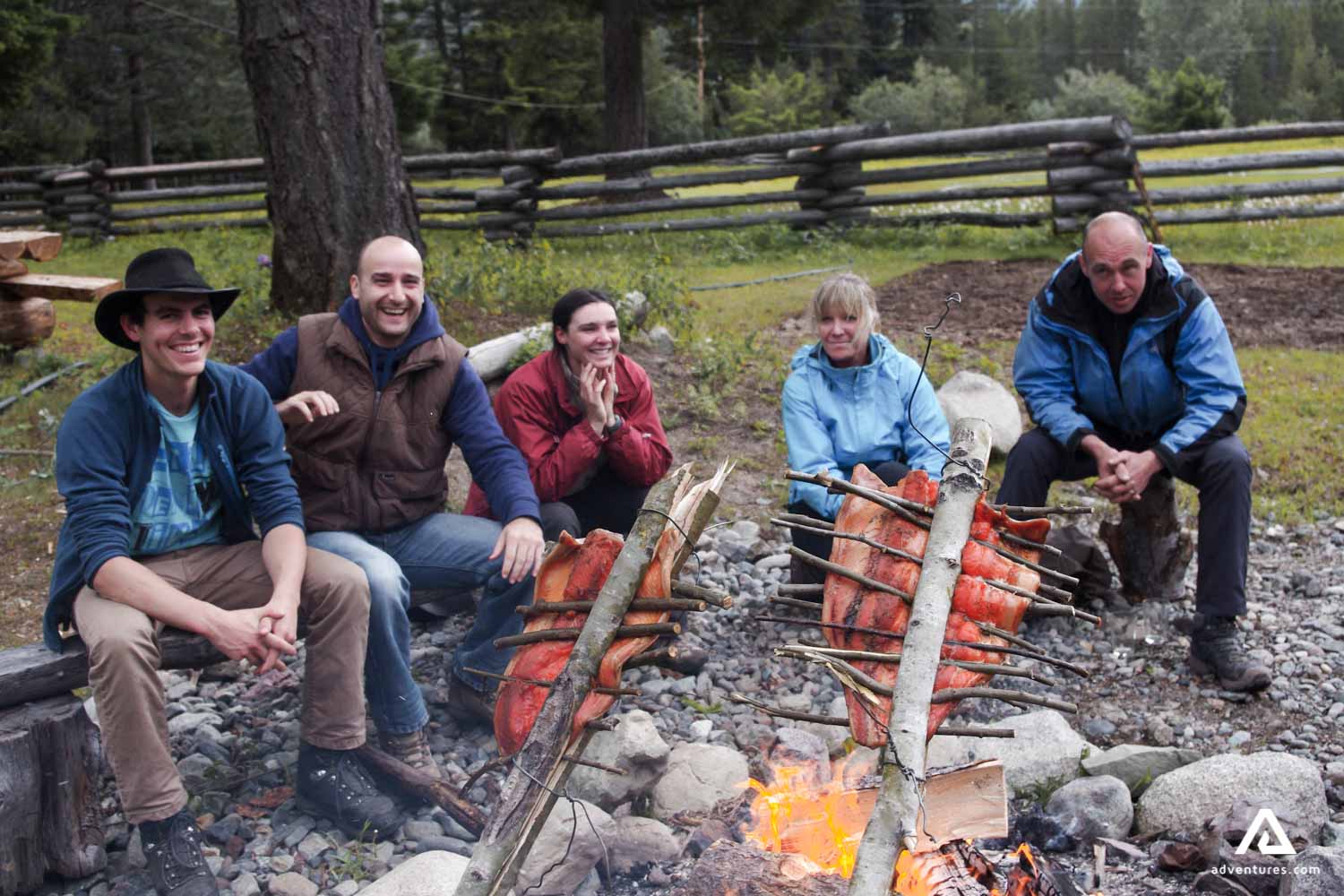 Cooking salmon on a fire