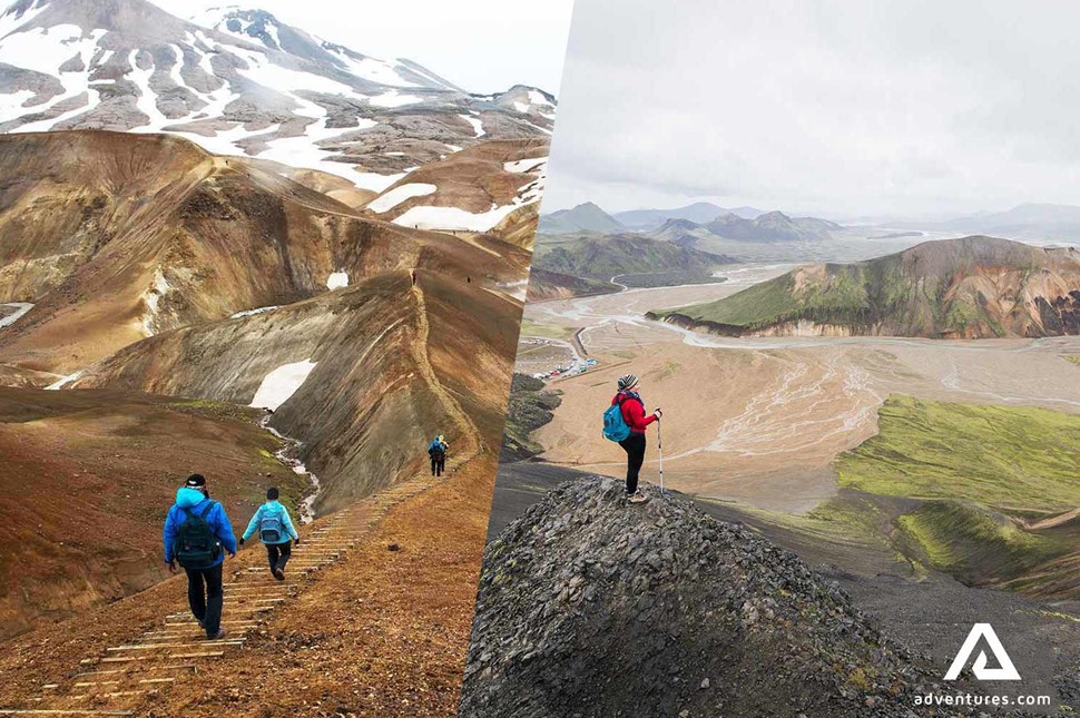 hikers in landmannalaugar in summer