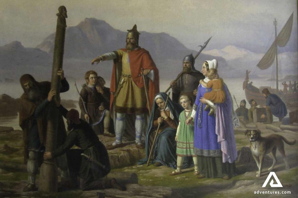a painting of vikings in iceland