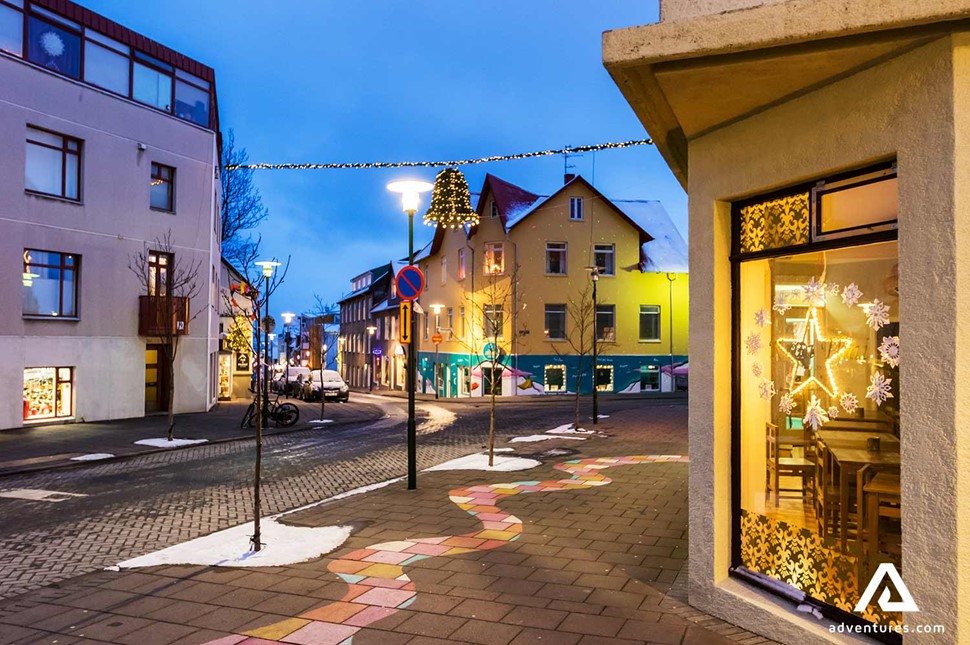 christmas lights in reykjavik city in winter