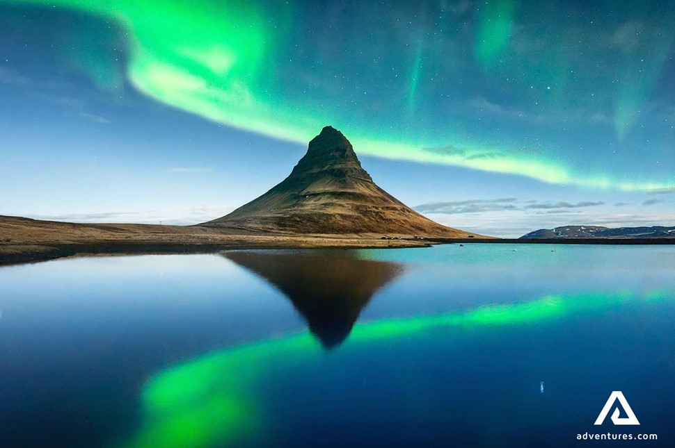 northern lights reflection above kirkjufell