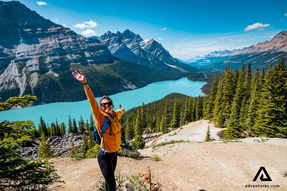 happy woman enjoying hiking alberta park mountains