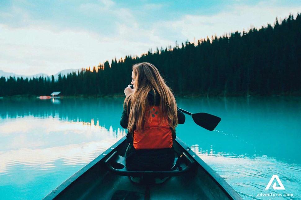 canoeing at lake louise in canada