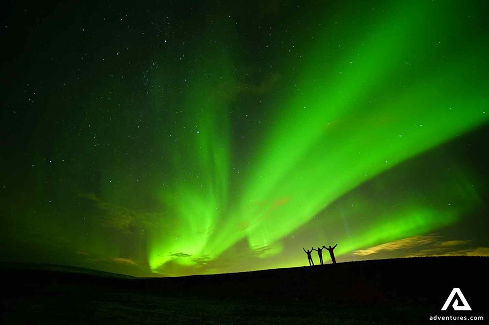 happy people posing for a picture near northern lights