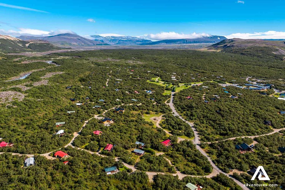aerial view of husafell in summer